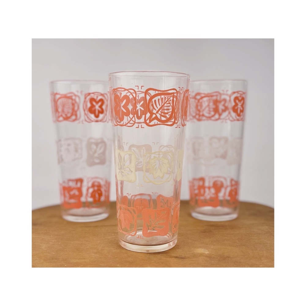 Vintage Tall Drinking Glasses Barware Mid Century 1960 Floral Leaf Pink Set Of 3